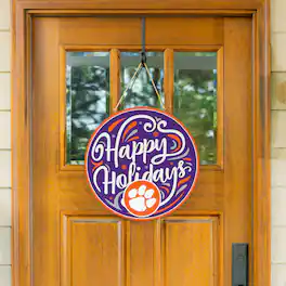 Evergreen Enterprises - Clemson Tigers 18" Happy Holidays Wooden Round Door Sign - Multicolor