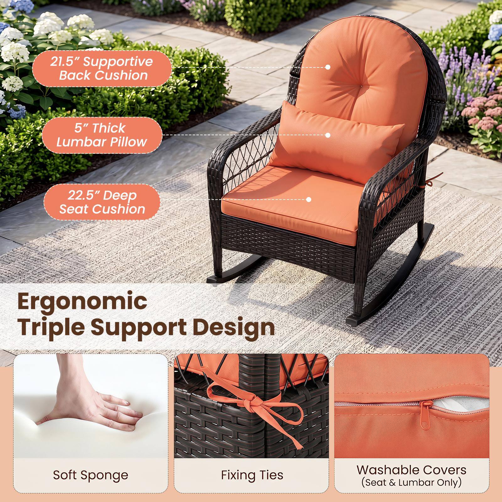 21.5" Supportive Back Cushion  
5" Thick Lumbar Pillow  
22.5" Deep Seat Cushion  

AOODCOL  
Ergonomic Triple Support Design  
Soft Sponge  
Fixing Ties  
Washable Covers (Seat & Lumbar Only)