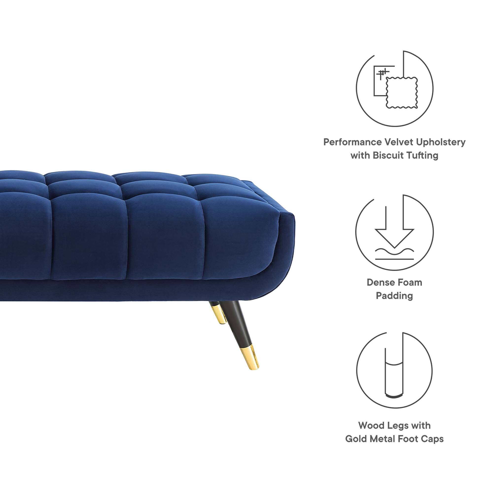 Performance Velvet Upholstery with Biscuit Tufting  
Dense Foam Padding  
Wood Legs with Gold Metal Foot Caps