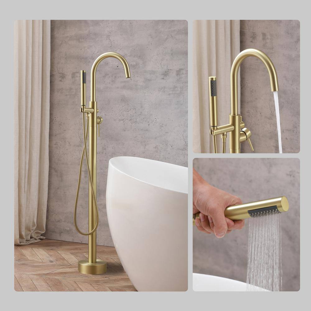 Alt View 6. Elegant Kitchen and Bath - Steven Floor Mounted Roman Tub Faucet with Handshower in Brushed Gold - Brushed Gold.
