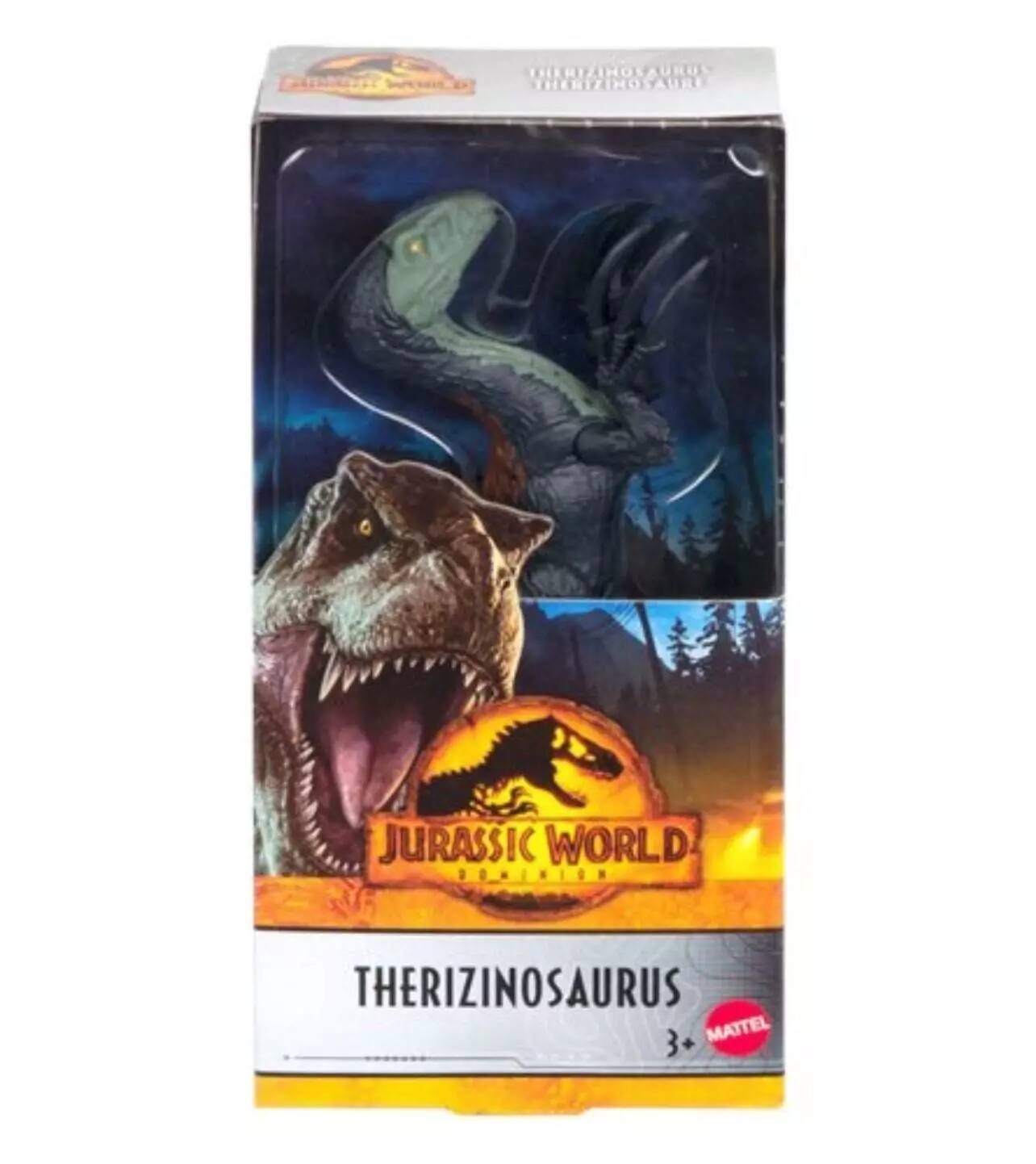 The text on the image is: "Jurassic World: Fallen Kingdom - Therizinosaurus 3+ Mattel."