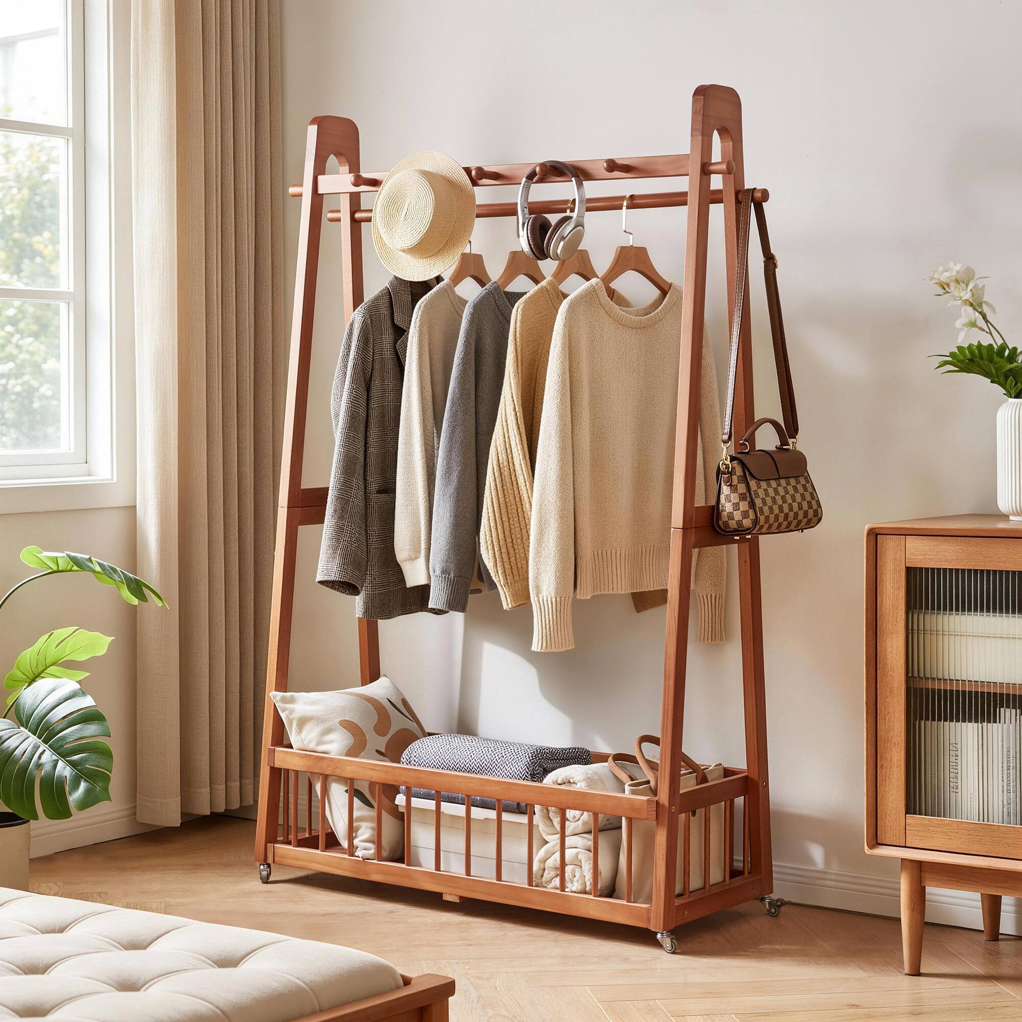 LUCKY ONE Solid Wood Freestanding Clothing Garment Rack with Lockable ...