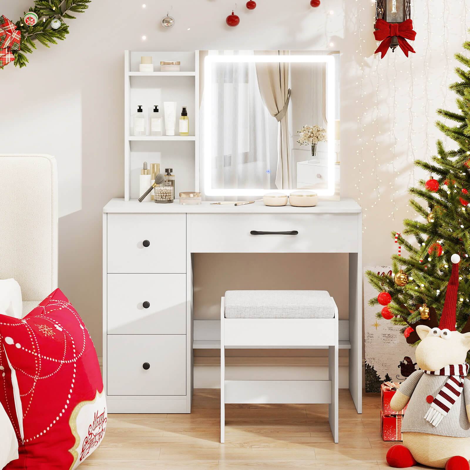 Alt View 4. Costway - Costway Vanity Desk with Sliding Mirror and Lights Makeup Table and Chair Set with 4 Drawers - White.