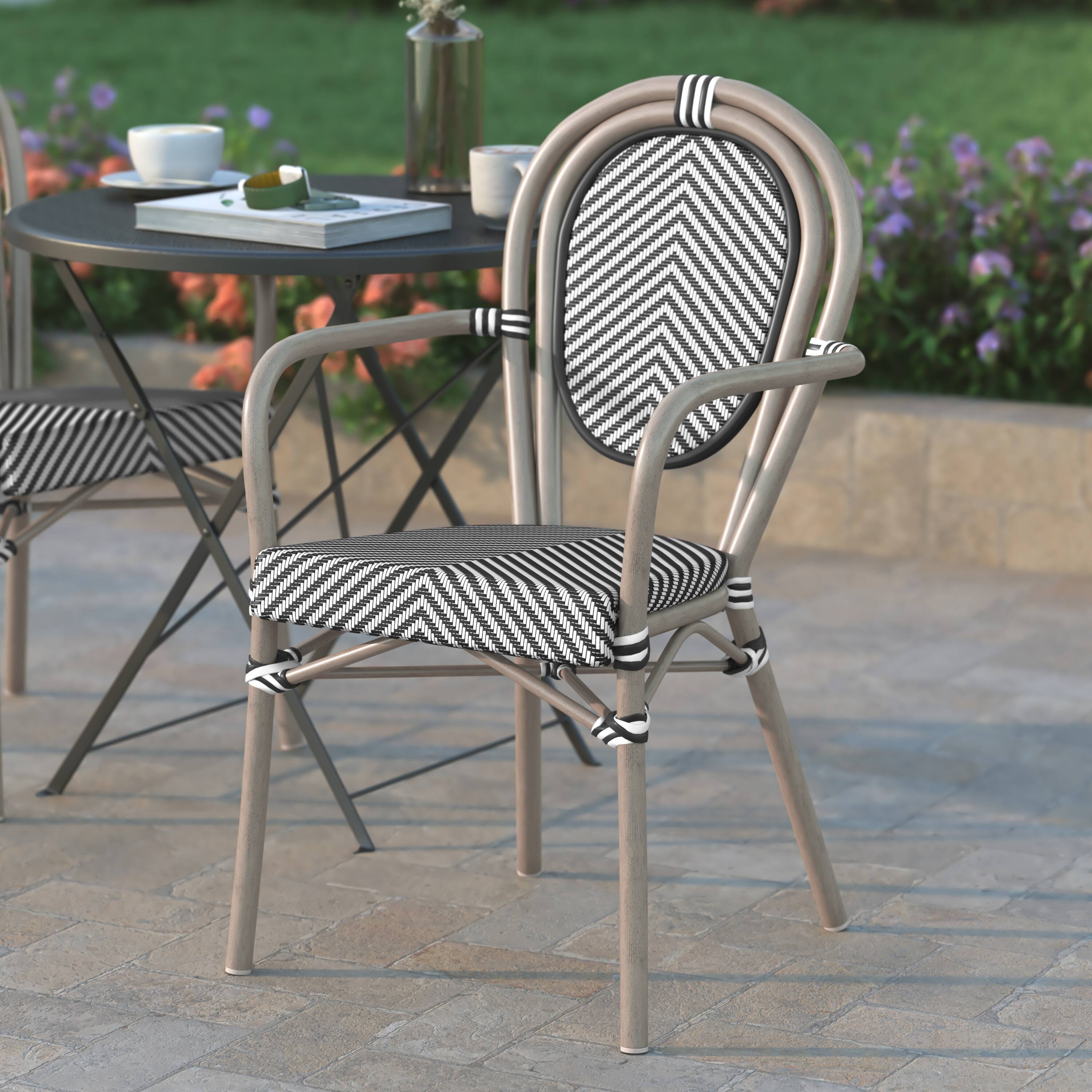 Alt View 3. Emma + Oliver - Massalia Indoor/Outdoor Stacking Thonet Bistro Style Chair with Arms, Textilene Seat and Bamboo Finished Metal Frame - Black & White/Light Natural Frame.