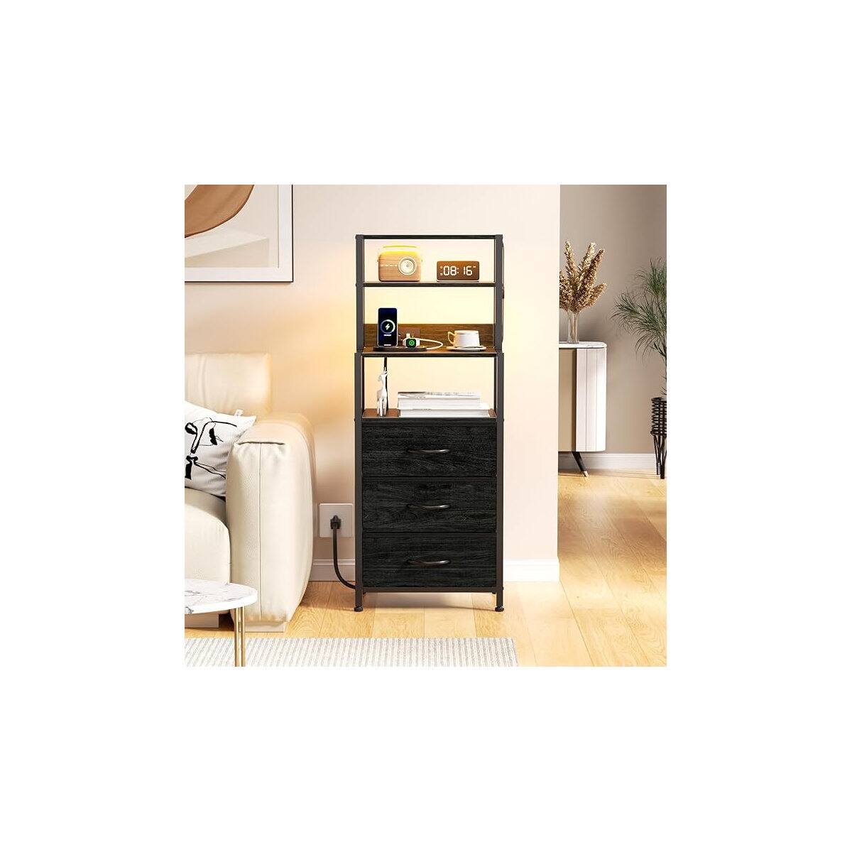 Alt View 4. Furnulem - Nightstand with 3 Drawers Power Outlets USB Ports Bedside Table Open Shelf - Black.