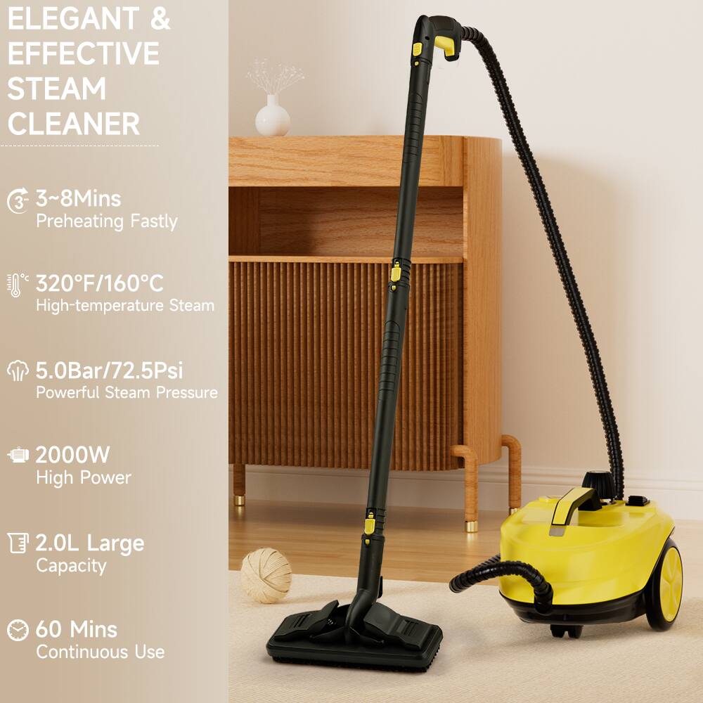 ELEGANT & EFFECTIVE STEAM CLEANER

- 3~8Mins Preheating Fastly
- 320°F/160°C High-temperature Steam
- 5.0Bar/72.5Psi Powerful Steam Pressure
- 2000W High Power
- 2.0L Large Capacity
- 60 Mins Continuous Use