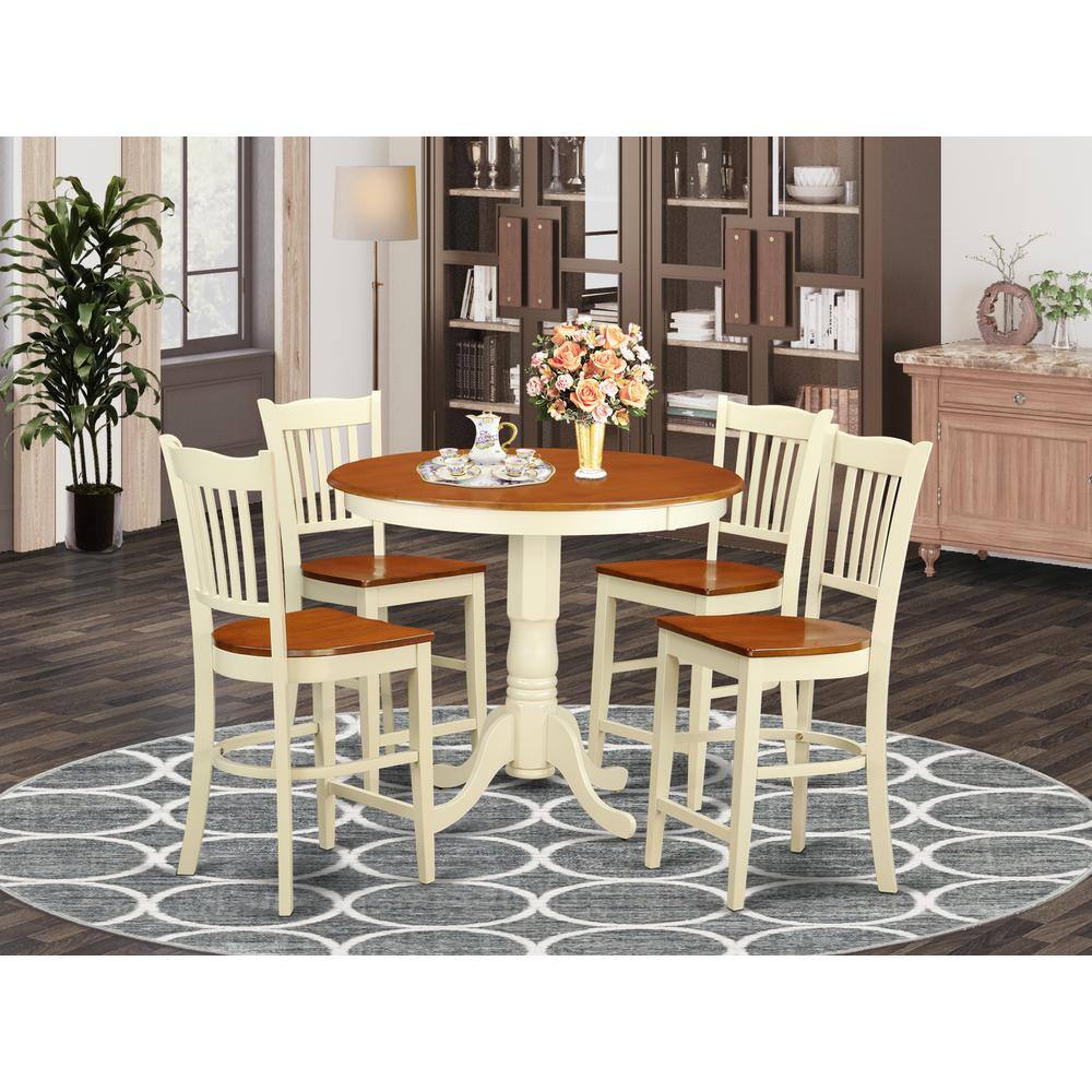 Back. East West Furniture - 5 PC counter height Dining set-pub Table and 4 bar stools with backs - Buttermilk & Cherry.