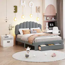 Tiramisubest - Teddy Fleece Queen Size Upholstered Platform Bed with Drawer, Gray - Gray