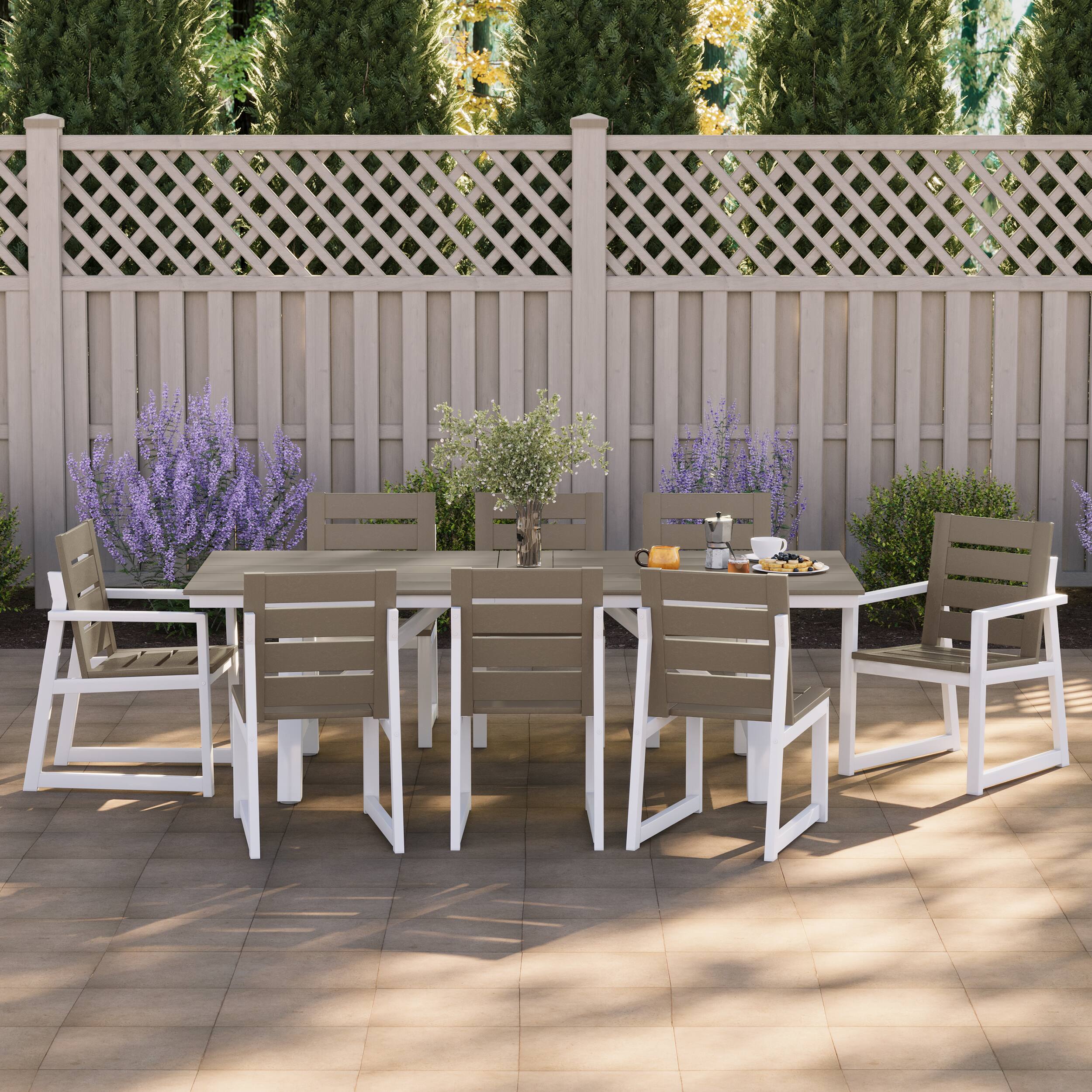 Angle. WestinTrends - WestinTrends Cape May 9-Piece HDPE Outdoor Furniture Patio Dining Table With Umbrella Hole and Chairs Set For 8 - Weathered Wood.