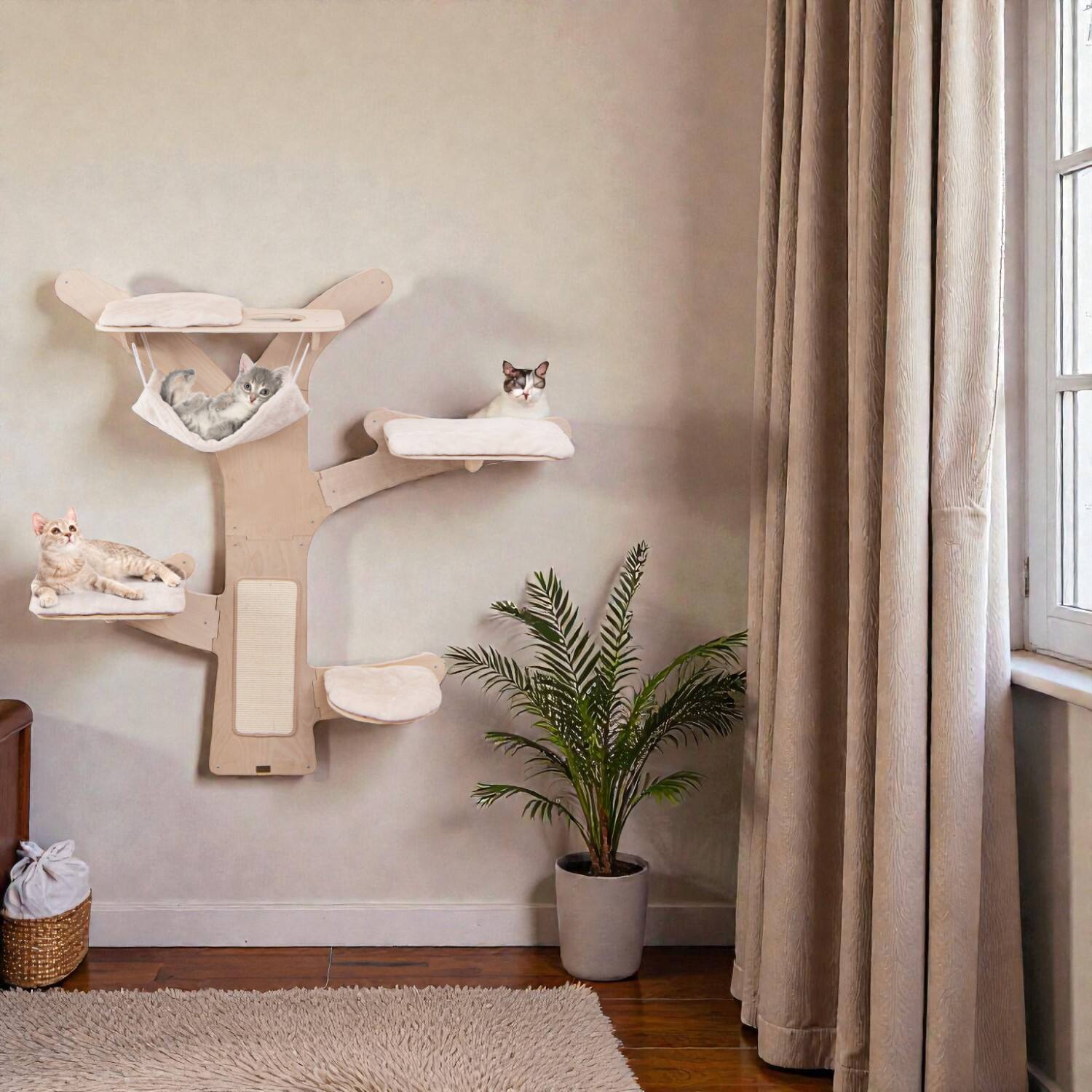Front. BreeBe - Space-Saving Wall Cat Tree with Hammocks and Sisal Play Surface - Natural.