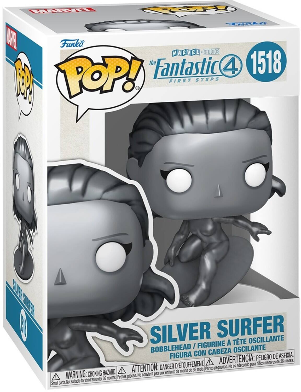 MARVEL STUDIOS the Fantastic 4 1518 A M POP! R FIRST STEPS
SILVER SURFER
TTE OSCILANTE BOBBLEHEAD / FIGURINE OSCILANTE FIGURA CON CABEZA ASFIXIA. ADVERTENCIA: PELIGRO DE nios menores de 36 meses. ATTENTION: DANGER D'TOUFFEMENT. Partes pequeas. No es adecuado para de moins de 36 mois CHOKING HAZARD. convient pas aux enfants WARNING: under 36 months Pettes pices. Ne Not sutable for chidren Small parts