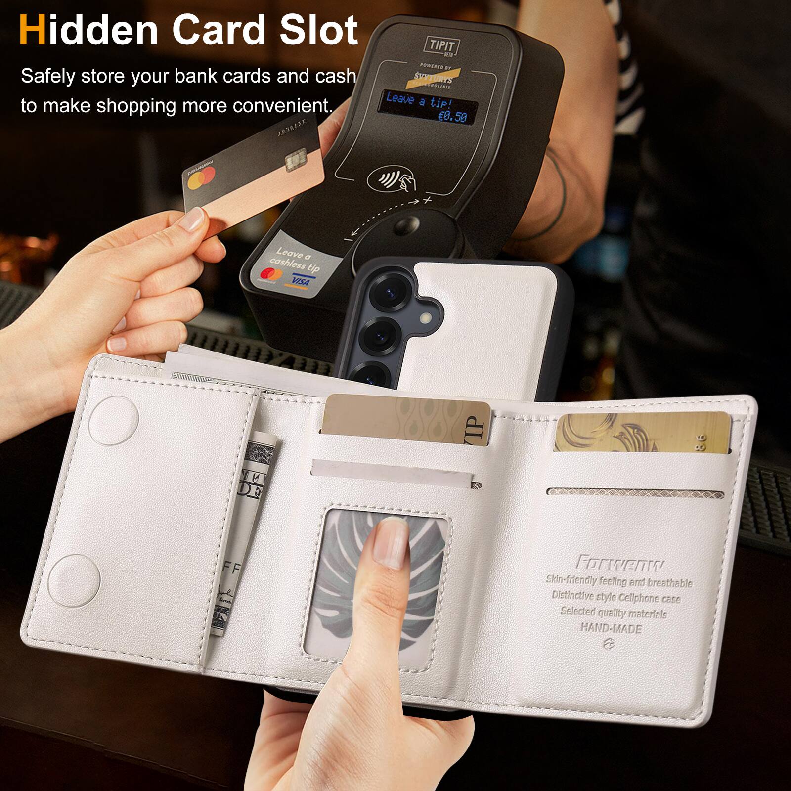 Hidden Card Slot  
Safely store your bank cards and cash to make shopping more convenient.

Leave a cashless tip!  
£8.50

Skin-friendly feeling and breathable  
Distinctive style Cellphone case  
Selected quality materials  
HAND-MADE