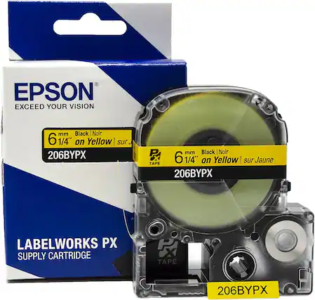 EPSON
EXCEED YOUR VISION
6 mm Black | Noir
1/4" on Yellow | sur Jaune
206BYPX
LABELWORKS PX
SUPPLY CARTRIDGE
TAPE
206BYPX