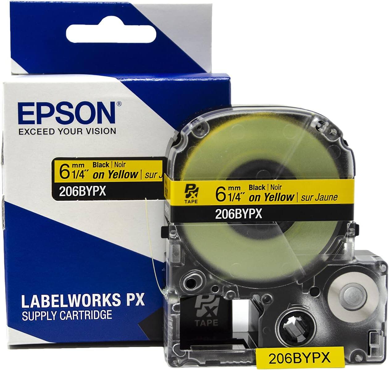 EPSON  
EXCEED YOUR VISION  

6 mm Black | Noir  
1/4" on Yellow | sur Jaune  
206BYPX  

LABELWORKS PX  
SUPPLY CARTRIDGE  

TAPE  
206BYPX