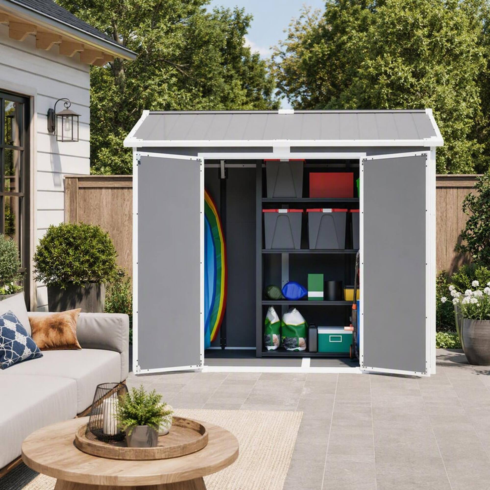 Left. RYHNUYNE - 8x6 ft Plastic Shed Floor Lockable Garden Organizer Gray-White Backyard Utility - Gray.