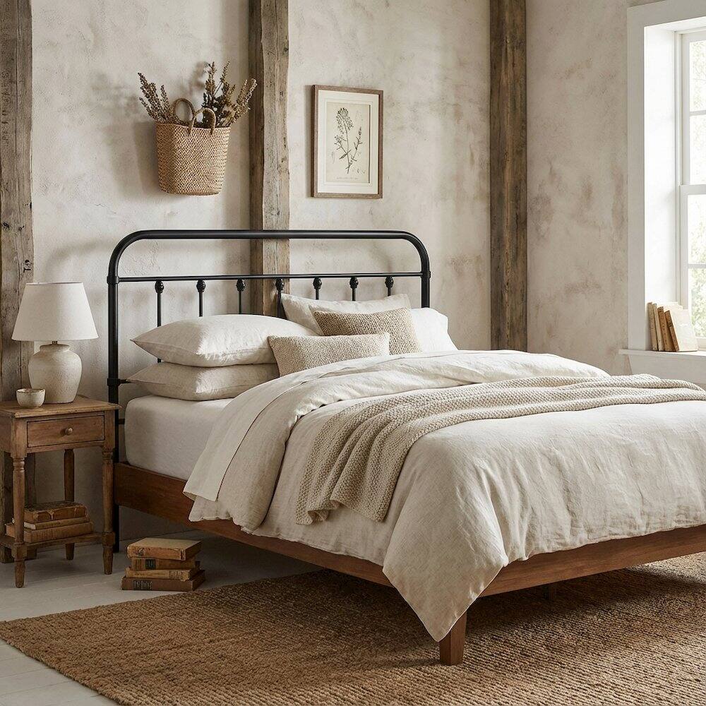 Angle. FurniFact - Metal Queen Headboard inwith Sturdy Frame and Elegant Design - Black.