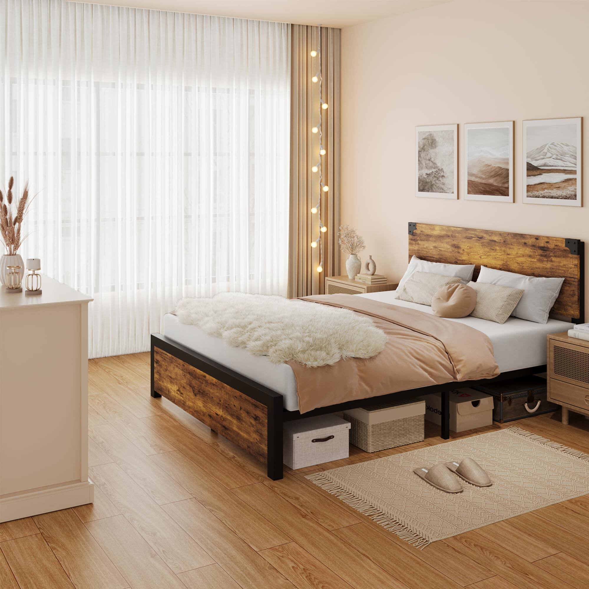 Alt View 1. Homhougo - Full Size Bed Frame with Wood Headboard, Full Platform Bed Frame - Brown.