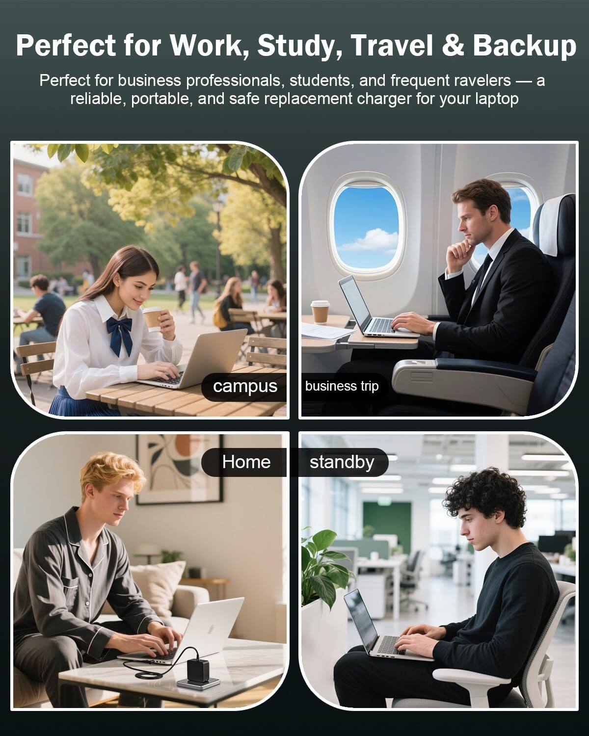 Perfect for Work, Study, Travel & Backup  
Perfect for business professionals, students, and frequent travelers — a reliable, portable, and safe replacement charger for your laptop  

campus  
business trip  
Home  
standby