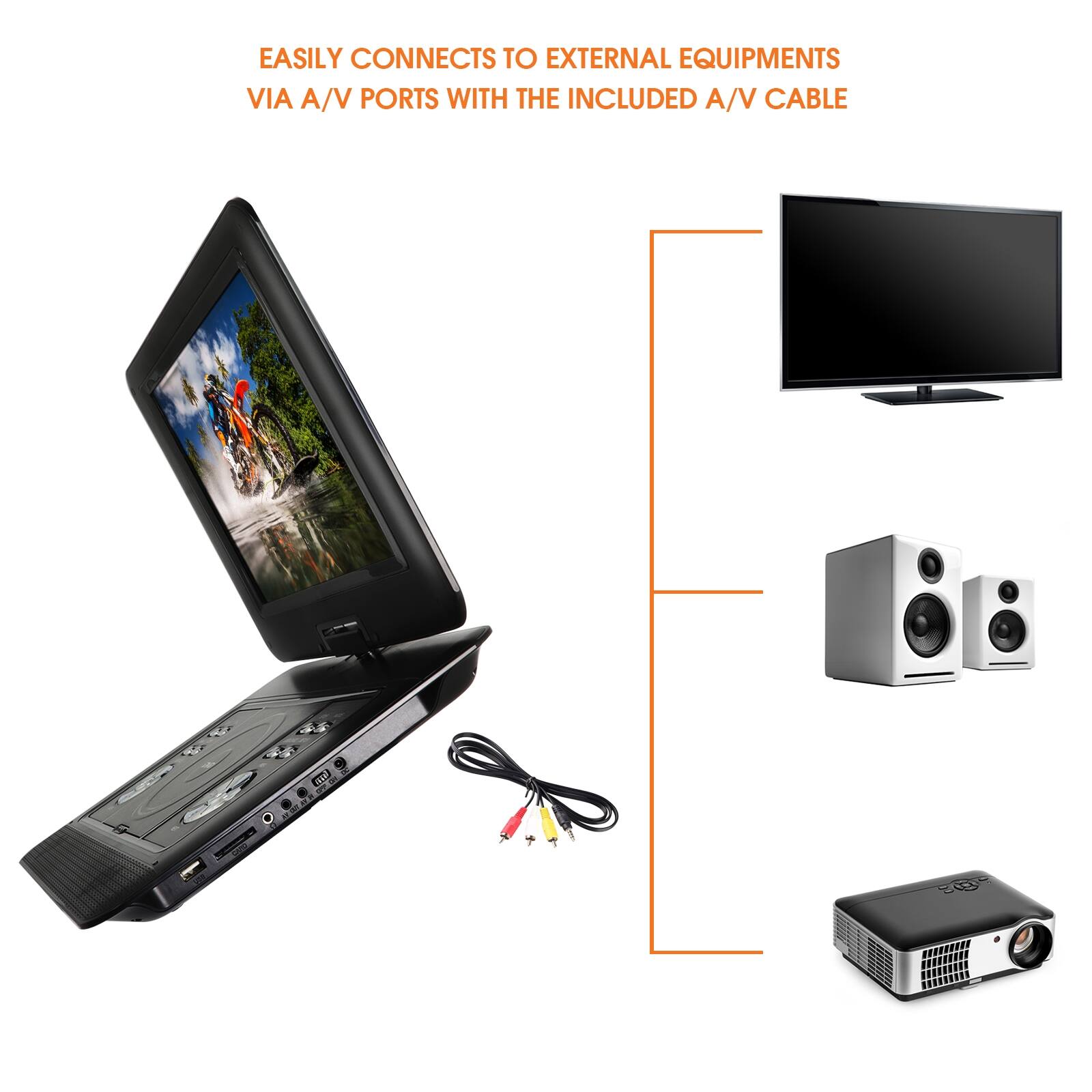 EASILY CONNECTS TO EXTERNAL EQUIPMENTS VIA A/V PORTS WITH THE INCLUDED A/V CABLE