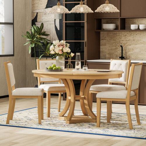 Front. LUCKY ONE - 5-Piece Vintage Dining Set with 58" Extendable Round Dining Table and 4 Upholstered Chairs - Natural.