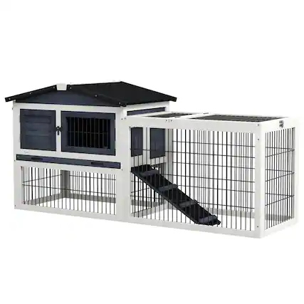 Front. Pawhut - 59" Wooden Rabbit Hutch, Openable Top, Asphalt Roof, Run, No-Leak Tray, Ramp, for Rabbits, Guinea Pig.