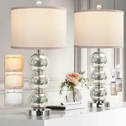 Front. Pawtners - Modern Table Lamps Set of 2, 27" Glass Triple-Sphere Design with 3 Light Colors & 2 USB Ports.