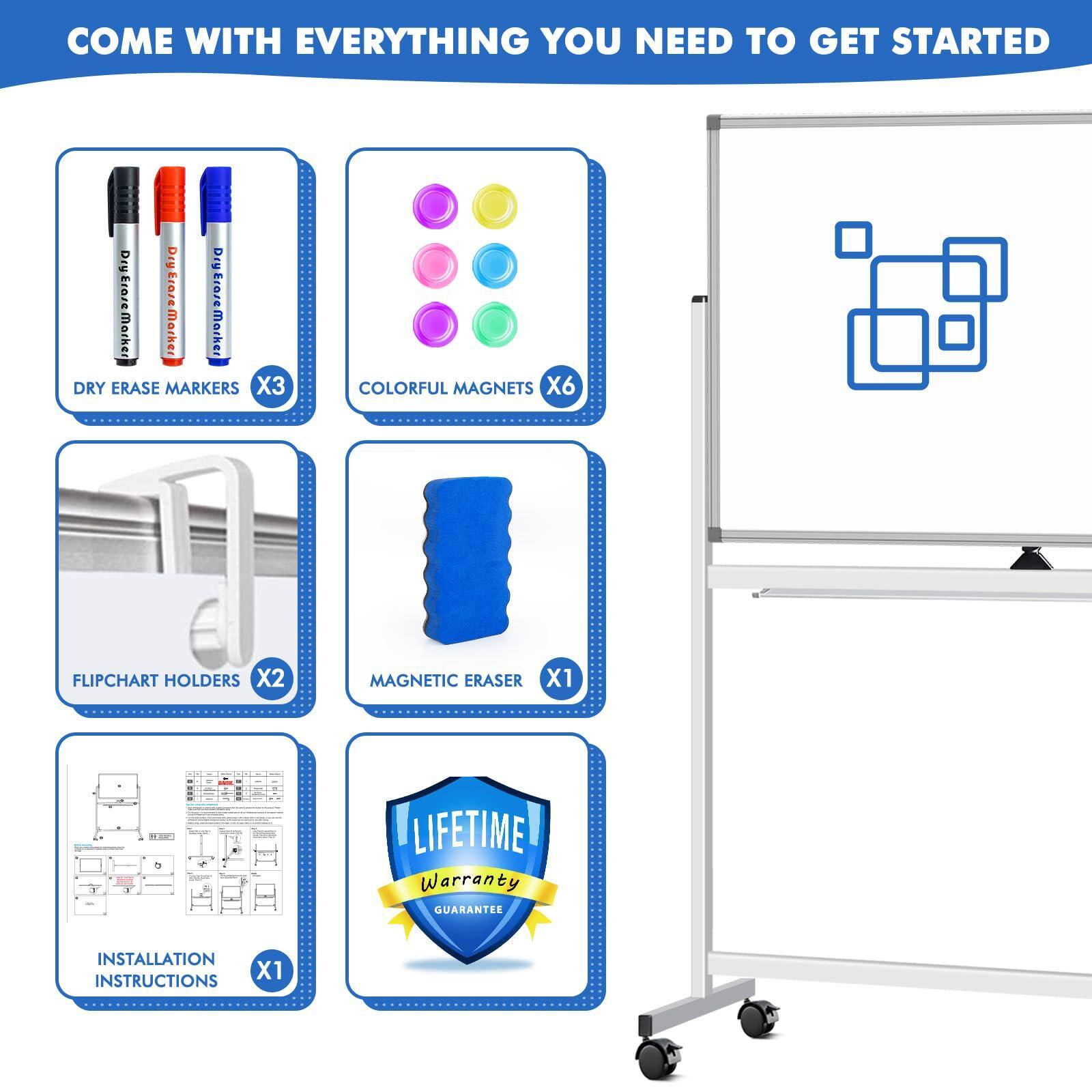 COME WITH EVERYTHING YOU NEED TO GET STARTED

- DRY ERASE MARKERS X3
- COLORFUL MAGNETS X6
- FLIPCHART HOLDERS X2
- MAGNETIC ERASER X1
- INSTALLATION INSTRUCTIONS X1
- LIFETIME WARRANTY GUARANTEE