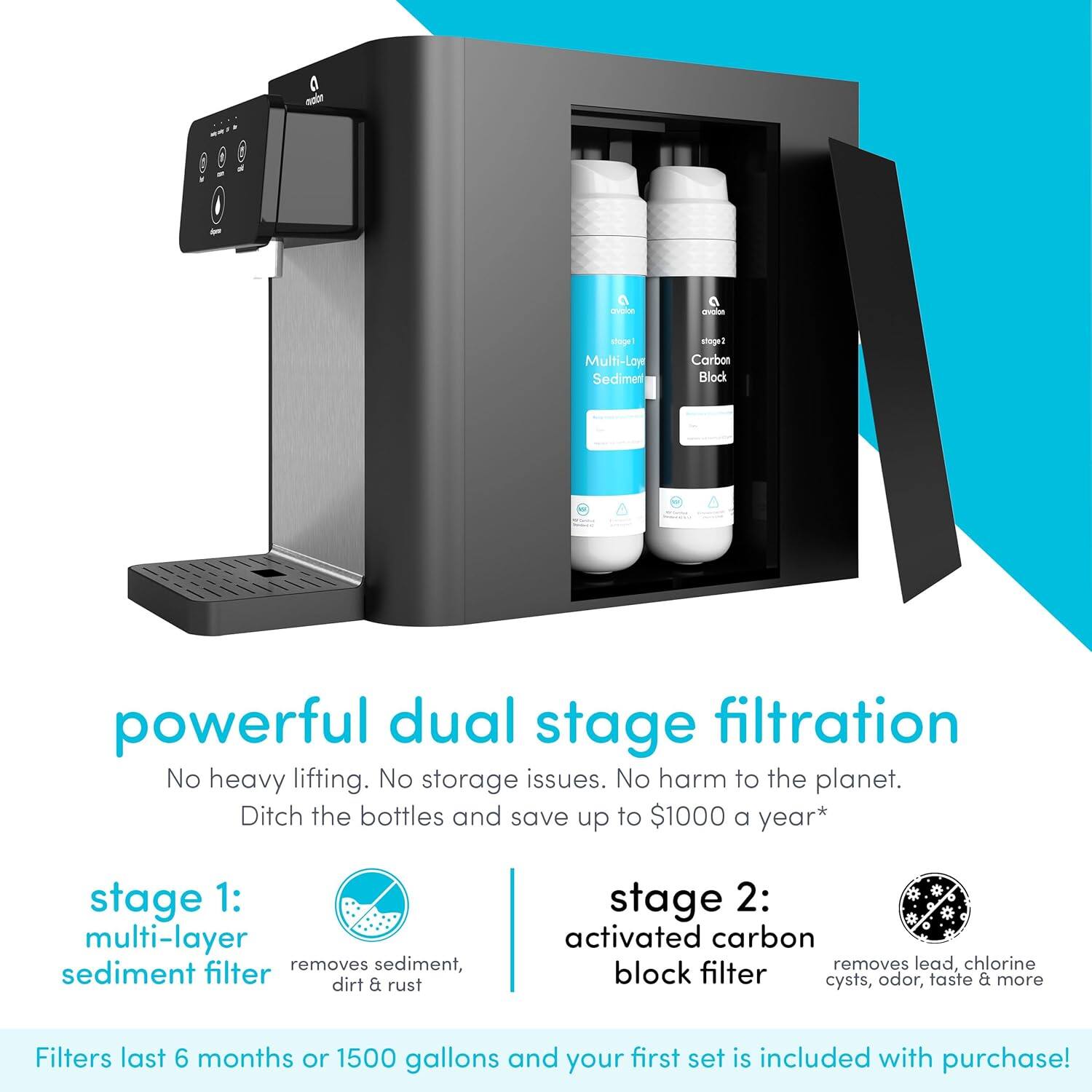 - Multi-Layer Sediment Carbon Block | powerful dual stage filtration
- No heavy lifting. No storage issues. No harm to the planet.
- Ditch the bottles and save up to $1000 a year*
- stage 1: multi-layer sediment filter removes sediment, dirt & rust
- stage 2: activated carbon block filter removes lead, chlorine, cysts, odor, taste & more
- Filters last 6 months or 1500 gallons and your first set is included with purchase!