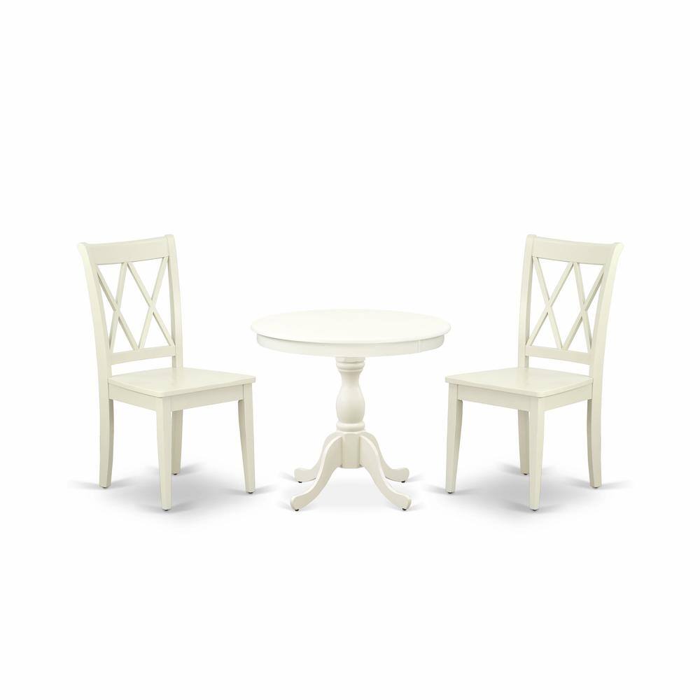 Alt View 2. East West Furniture - AMCL3-LWH-W 3 Piece Dining Room Set - 1 Pedestal Table and 2 Linen White Wooden Chairs - Linen White Finish - Linen White.
