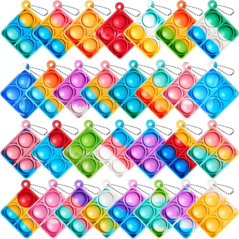 Joyfy - 30pc Pop Fidget Keychain Set: Rainbow Bubble Popping Game, Mini Sensory Toys Bulk, Party Favors for Kids - colorful