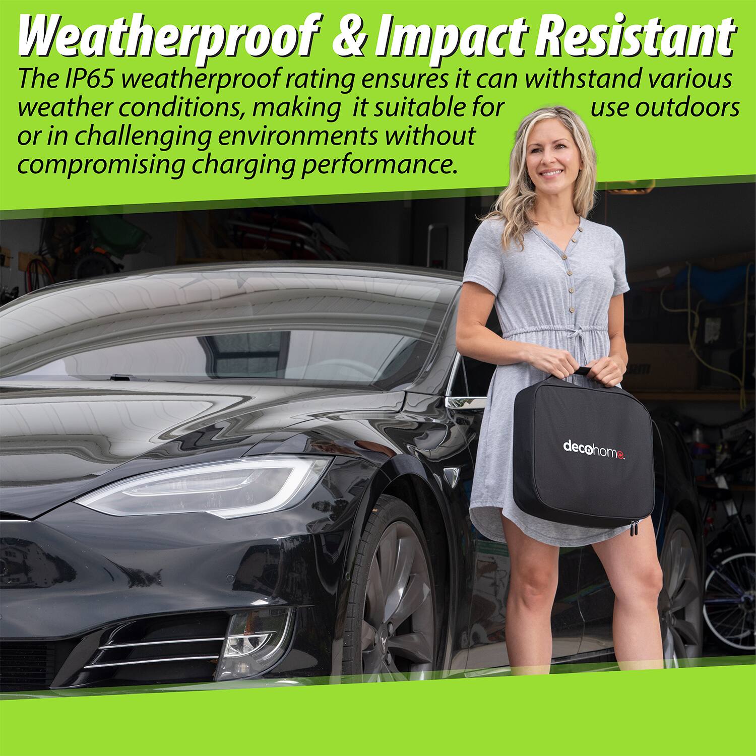 Weatherproof & Impact Resistant  
The IP65 weatherproof rating ensures it can withstand various weather conditions, making it suitable for use outdoors or in challenging environments without compromising charging performance.