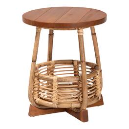 bali & pari - Derenik Natural Rattan and Mahogany Wood End Table - Accent Side Table with Woven Basket Base, Coastal Style - Natural/Light Brown