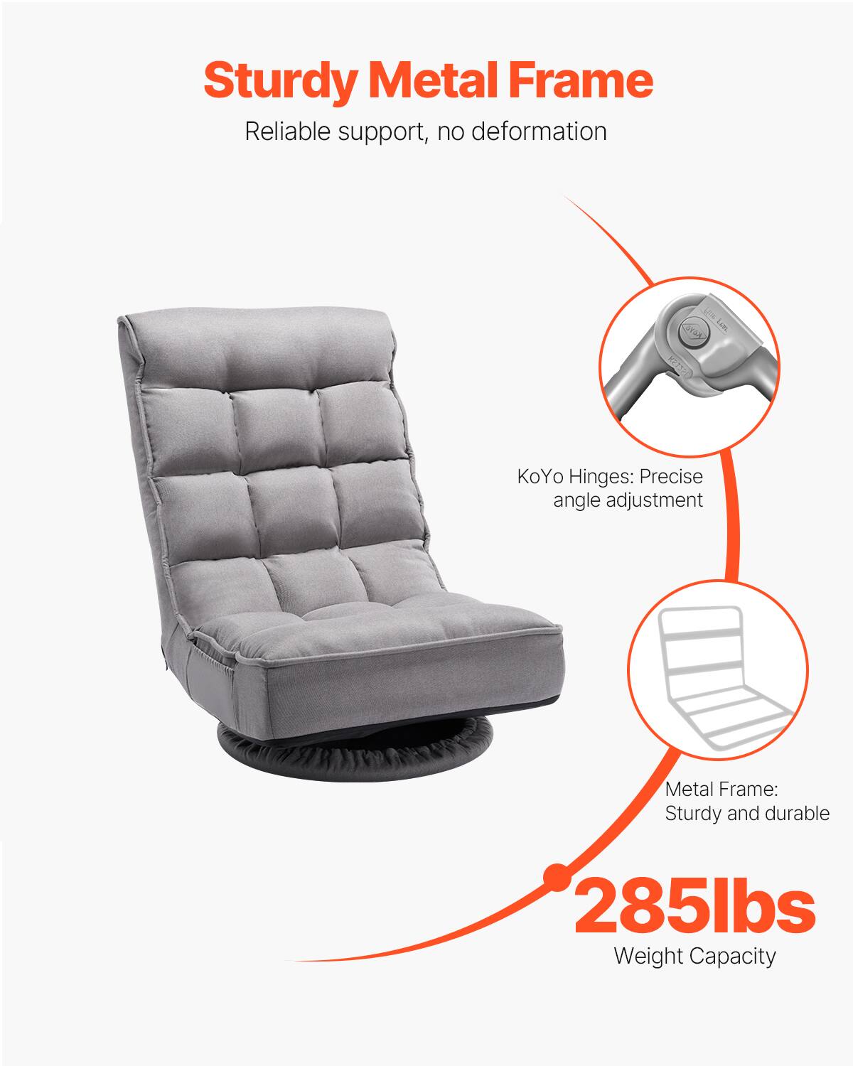 Sturdy Metal Frame  
Reliable support, no deformation  

KoYo Hinges: Precise angle adjustment  

Metal Frame: Sturdy and durable  

285lbs Weight Capacity