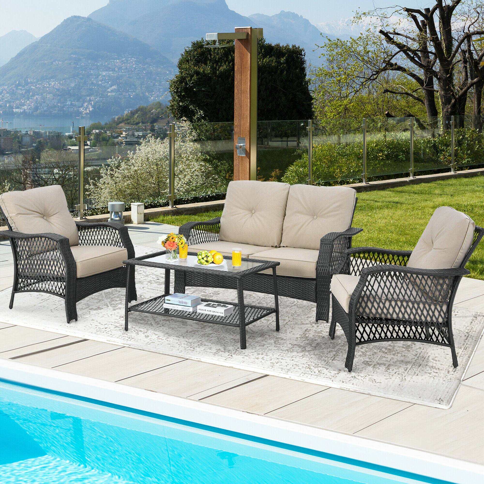 Gymax - 4PCS Cushioned Patio Conversation Set Outdoor Rattan Furniture Set - Beige price history on PriceWatchPro