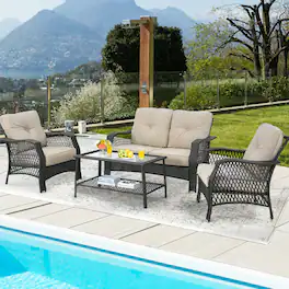 Gymax - 4PCS Cushioned Patio Conversation Set Outdoor Rattan Furniture Set - Beige