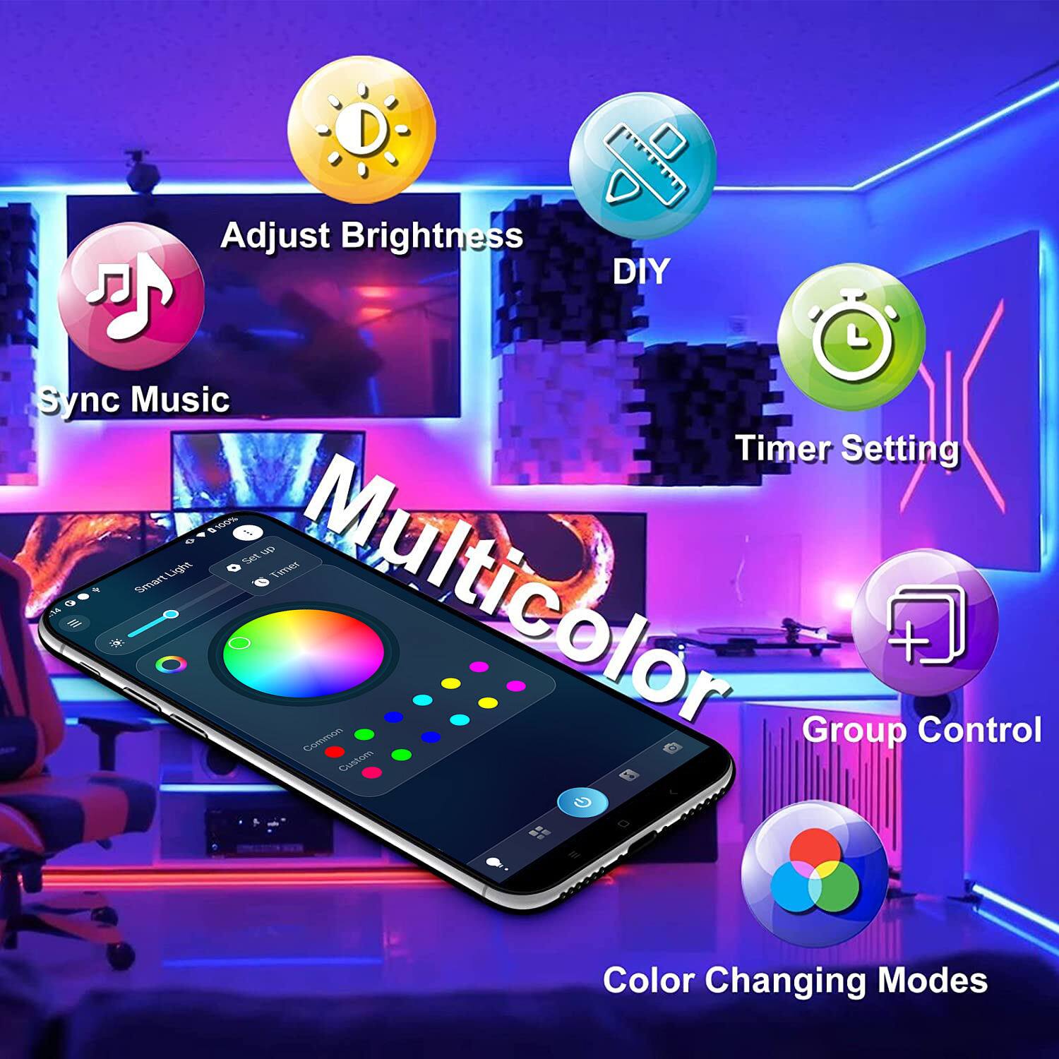 Adjust Brightness  
DIY  
Sync Music  
Timer Setting  
Multicolor  
Group Control  
Color Changing Modes