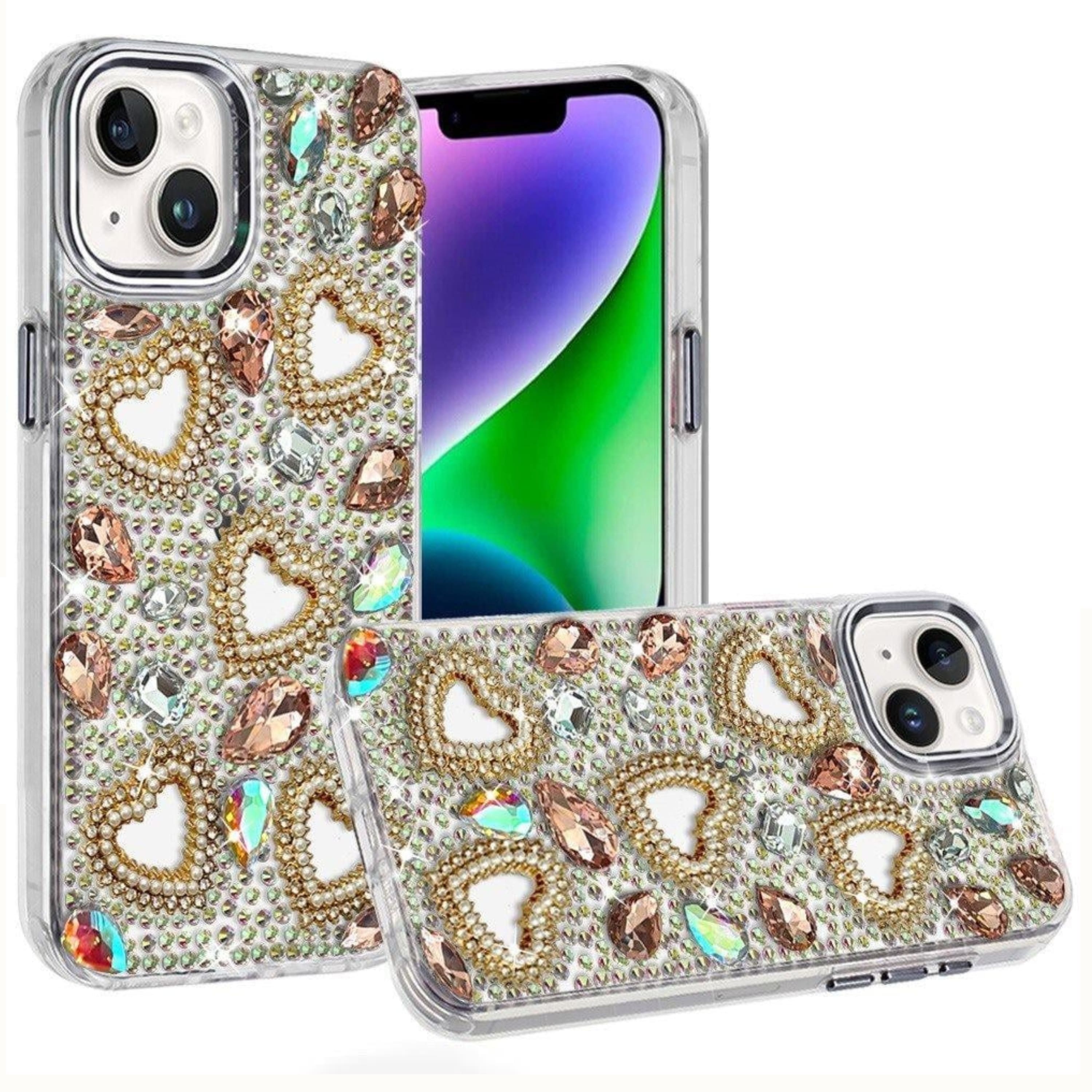 Kitcheniva - Full Bling Heart Rhinestone Case With Tempered Glass For iPhone 13 14 - Champaigne price history on PriceWatchPro