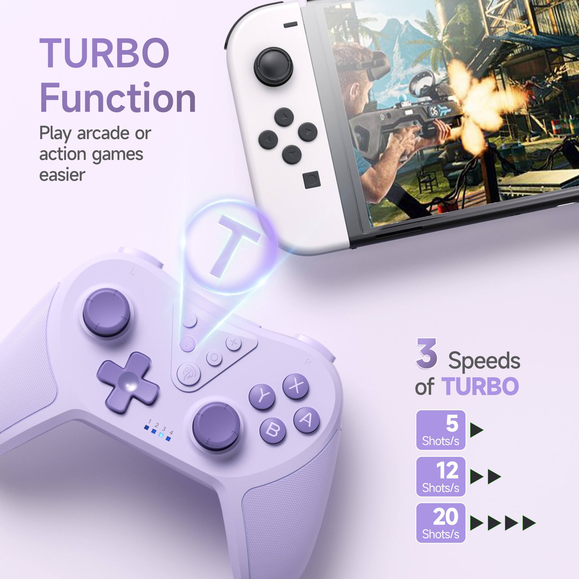 TURBO Function  
Play arcade or action games easier  

3 Speeds of TURBO  
5 Shots/s  
12 Shots/s  
20 Shots/s