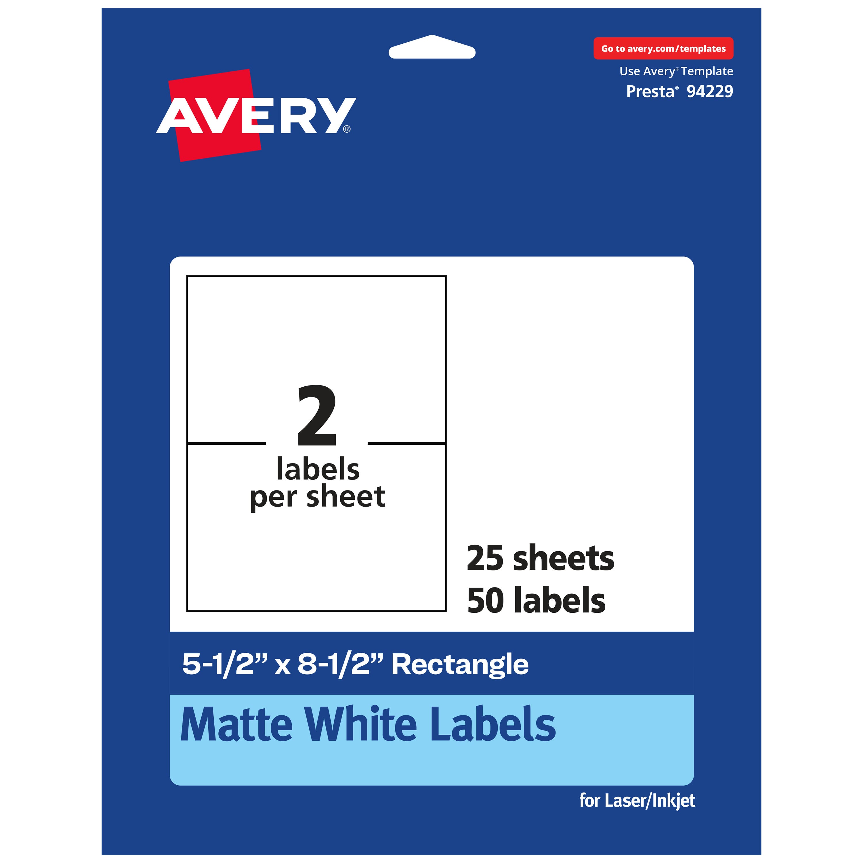 Avery - Matte Rectangle Labels, 5-1/2" x 8-1/2", 50 Total - White