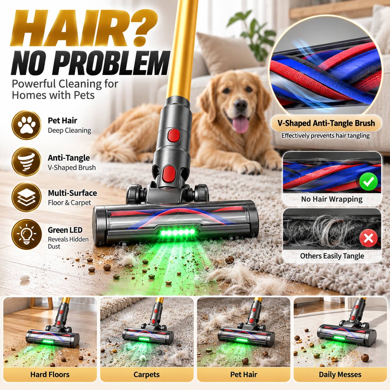 HAIR? NO PROBLEM  
Powerful Cleaning for Homes with Pets

- Pet Hair Deep Cleaning
- Anti-Tangle V-Shaped Brush
- Multi-Surface Floor & Carpet
- Green LED Reveals Hidden Dust

V-Shaped Anti-Tangle Brush  
Effectively prevents hair tangling  
No Hair Wrapping  
Others Easily Tangle

Hard Floors  
Carpets  
Pet Hair  
Daily Messes