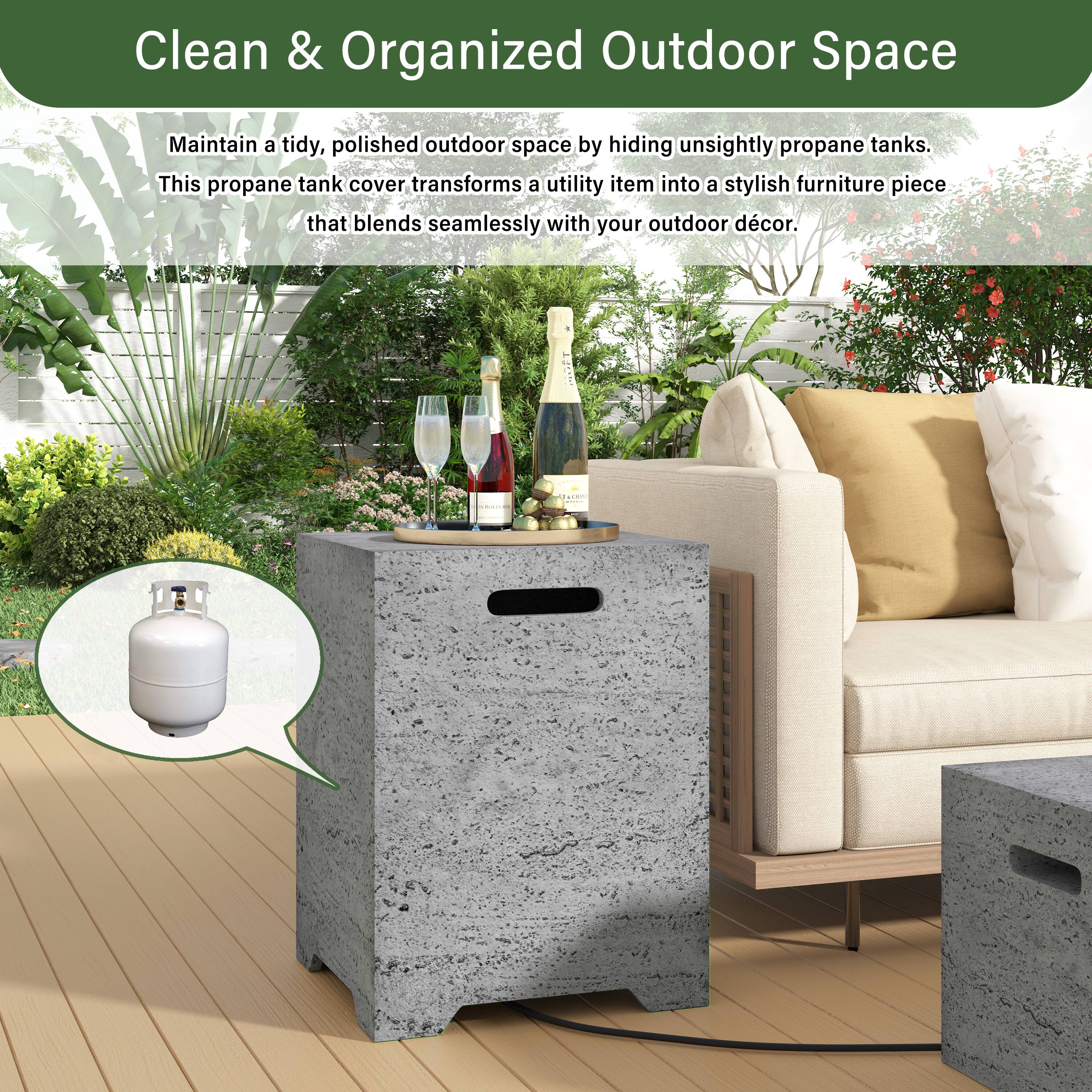 Clean & Organized Outdoor Space

Maintain a tidy, polished outdoor space by hiding unsightly propane tanks. This propane tank cover transforms a utility item into a stylish furniture piece that blends seamlessly with your outdoor décor.