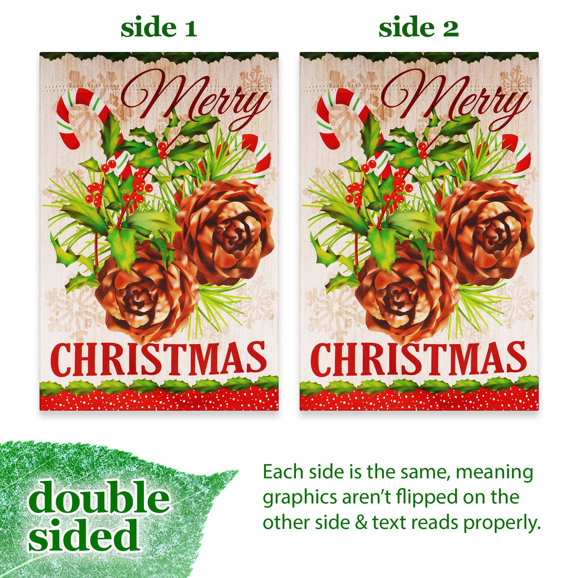 side 1 side 2

Merry Merry CHRISTMAS CHRISTMAS

double sided

Each side is the same, meaning graphics aren't flipped on the other side & text reads properly.