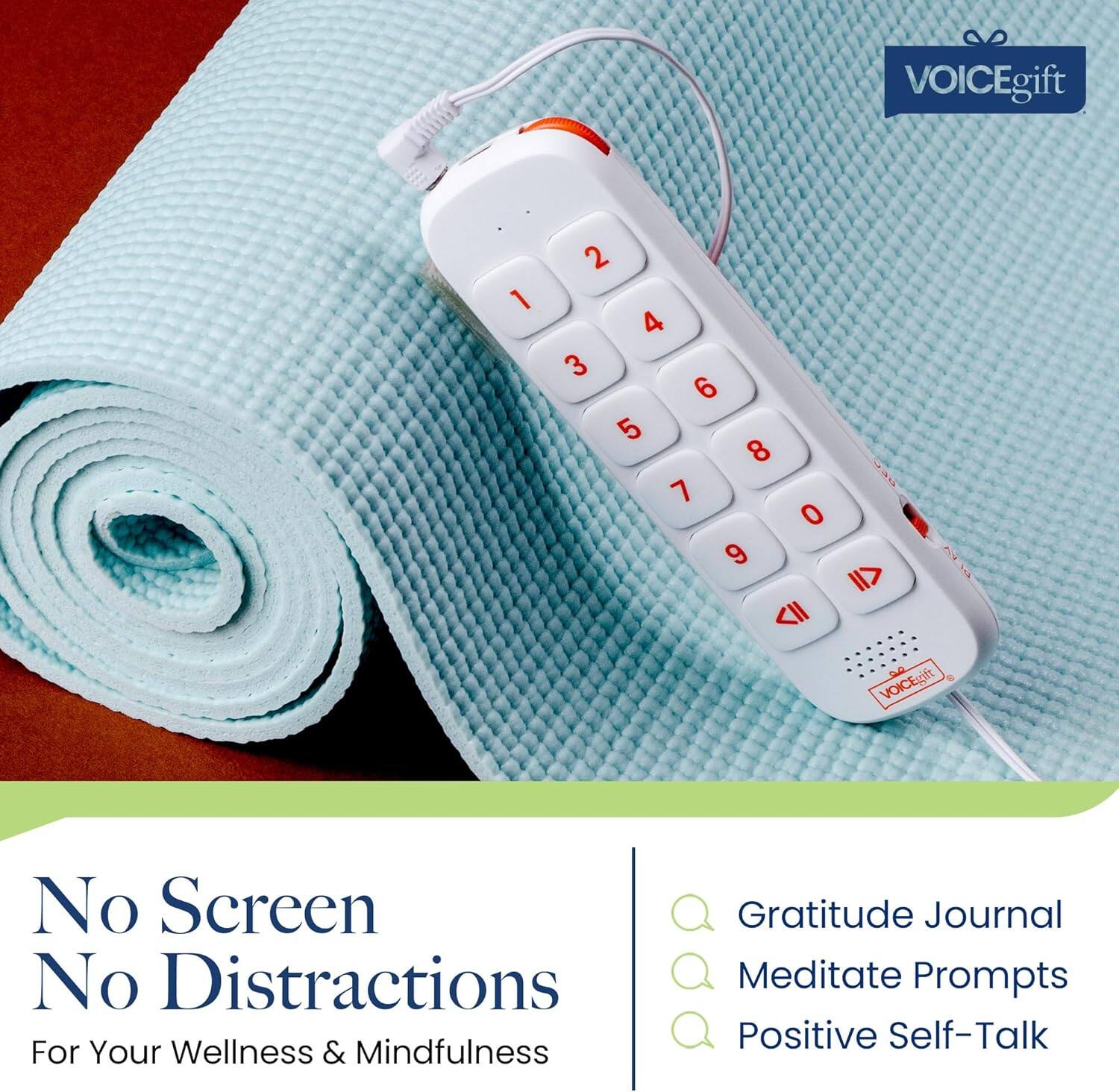 VOICEgift

No Screen No Distractions  
For Your Wellness & Mindfulness

Gratitude Journal  
Meditate Prompts  
Positive Self-Talk