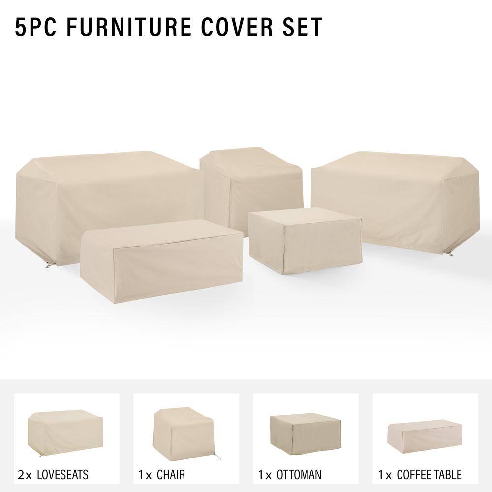 5PC FURNITURE COVER SET

2x LOVESEATS
1x CHAIR
1x OTTOMAN
1x COFFEE TABLE