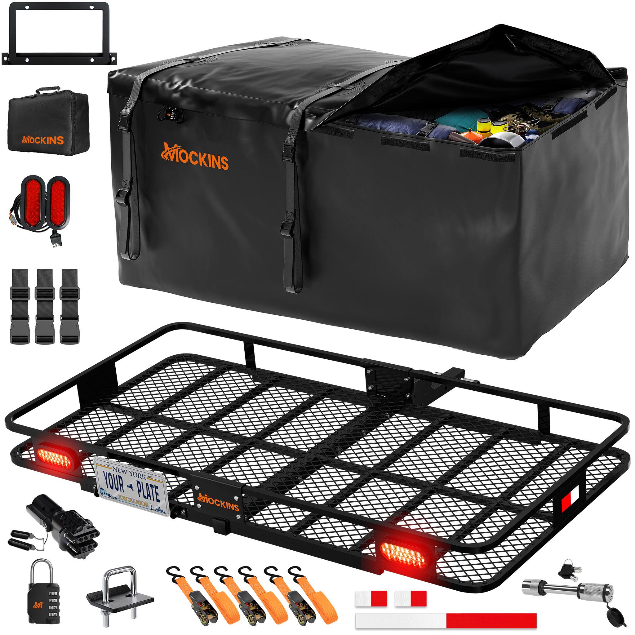 Mockins - 72 in. x 36 in. x 6 in. Tow Hitch Cargo Carrier Set w/ 50 Cu Ft. Carrier Bag, Rear Lights, License Plate Holder & More