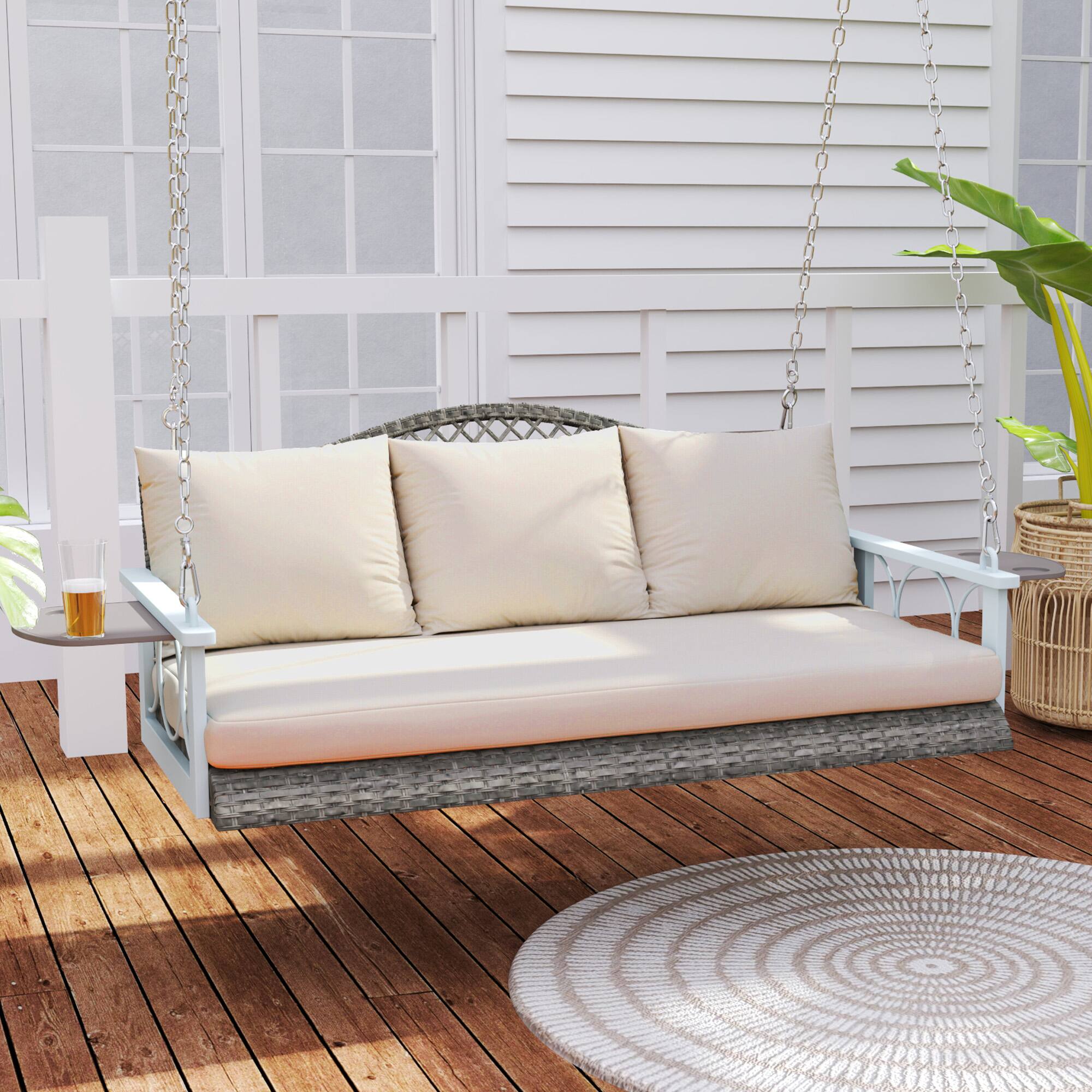 Alt View 8. Outsunny - 3 Person Wicker Porch Swing Chair Heavy Duty 800 LBS with Cup Holder, 57 Inch Outdoor Rattan Patio Hanging Swing Bench - Natural Wood.