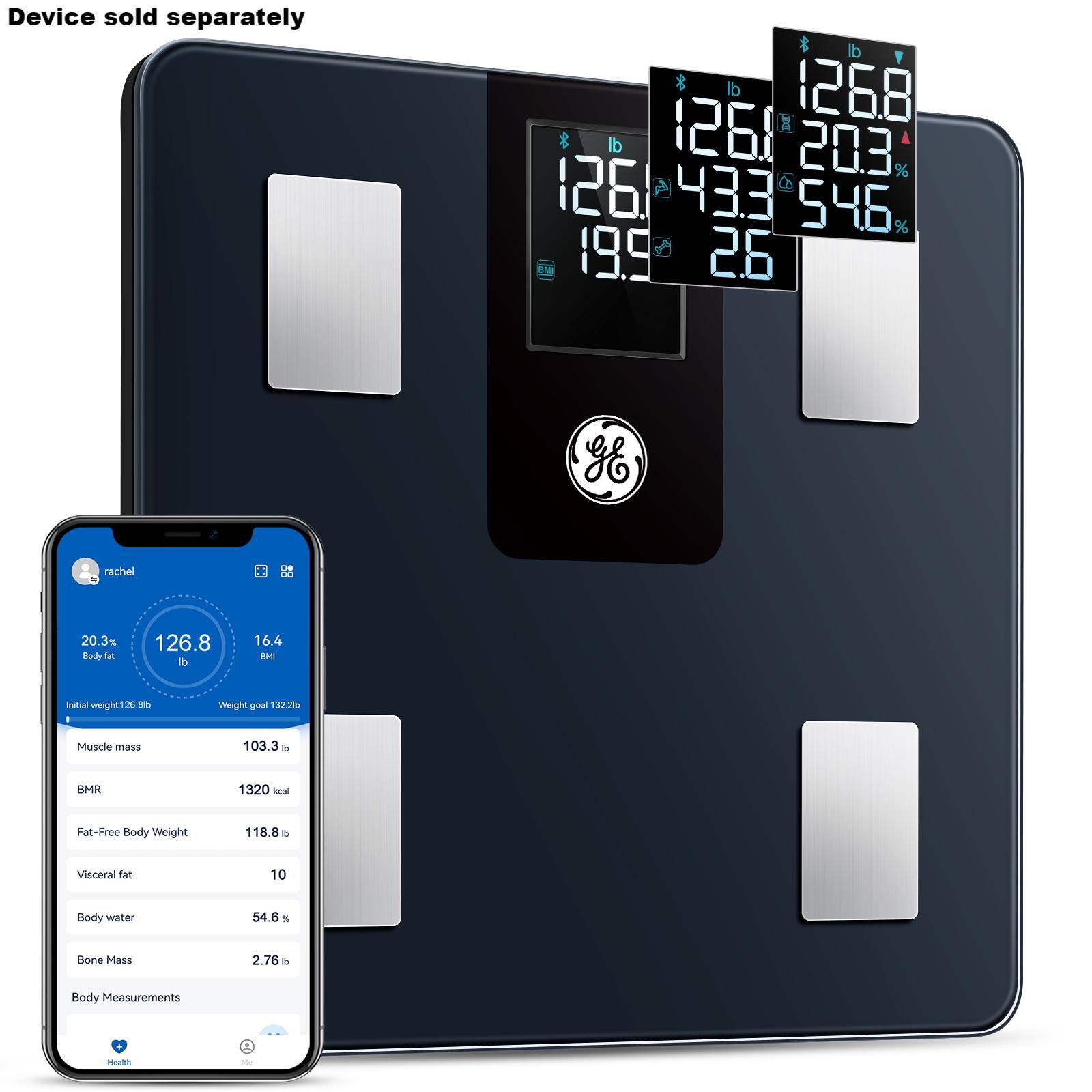 Device sold separately

* di Y *
lb 126.8 126 M lb 203 % 126 4 1. 433 546, % 19.9  26 u g rachel 20.3 3% Body 3 126.8 di 16.4 EAN Intial weight 126 lb Weight goal 132 lb Muscie mass 103.3 i M 1320 kn Fat-Free Body Weight 118.8 e Visceral fat 10 Body water 54.6 S Bone Mass 2.76 b Body Measurements nur -