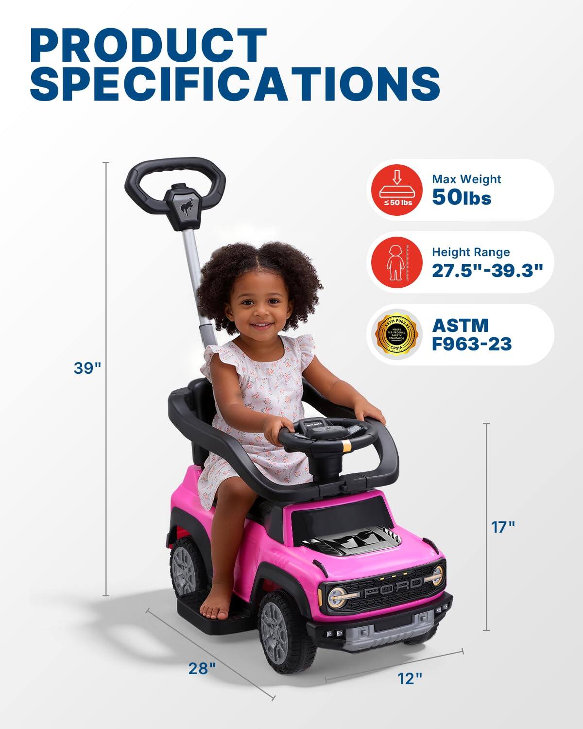 PRODUCT SPECIFICATIONS

Max Weight: 50 lbs

Height Range: 27.5" - 39.3"

ASTM F963-23

Dimensions: 39" x 28" x 17" x 12"