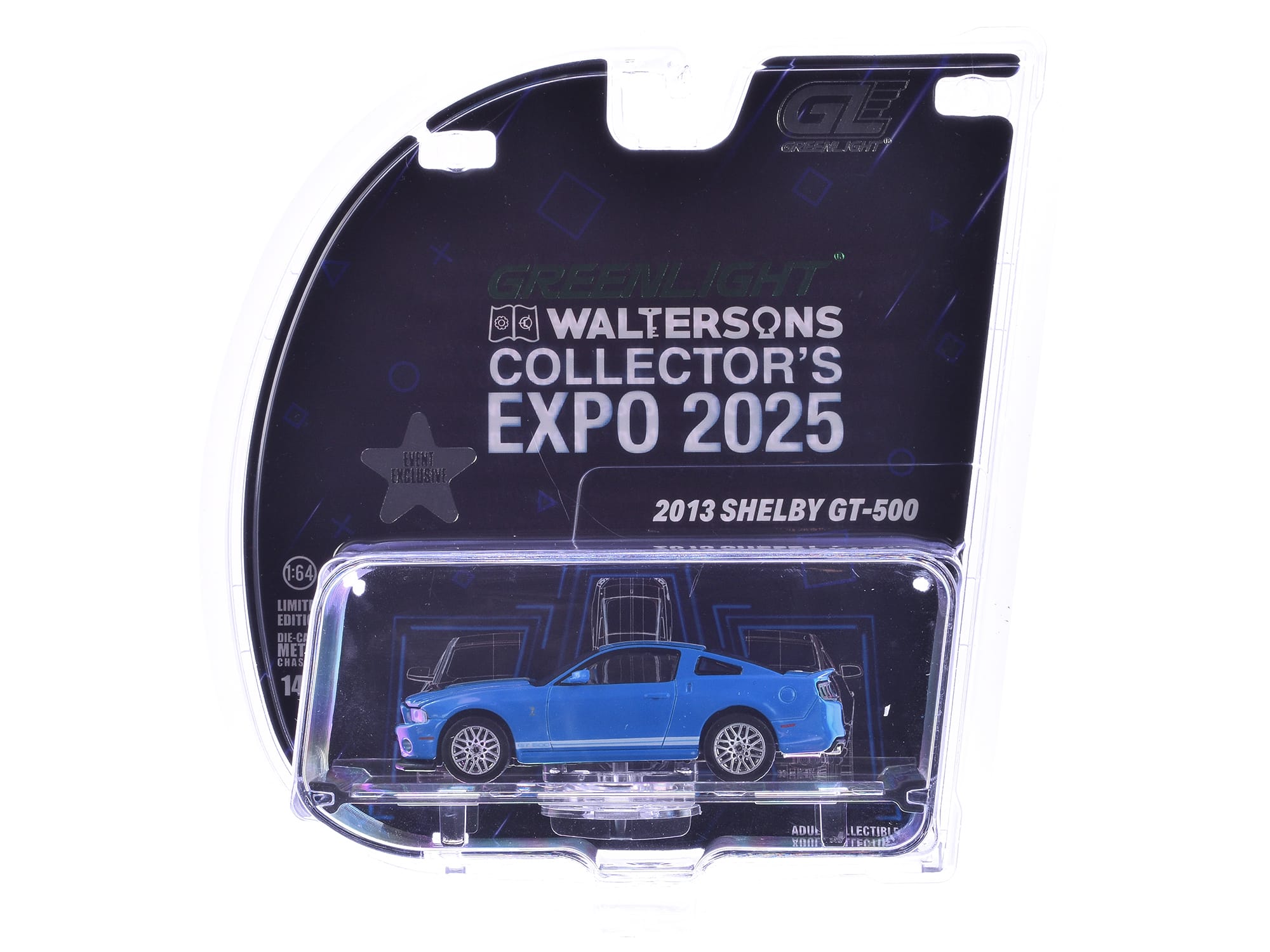 2013 Shelby GT-500 with White Stripes "2025 Greenlight Waltersons Collector's Expo Exclusive" 1/64 - Blue