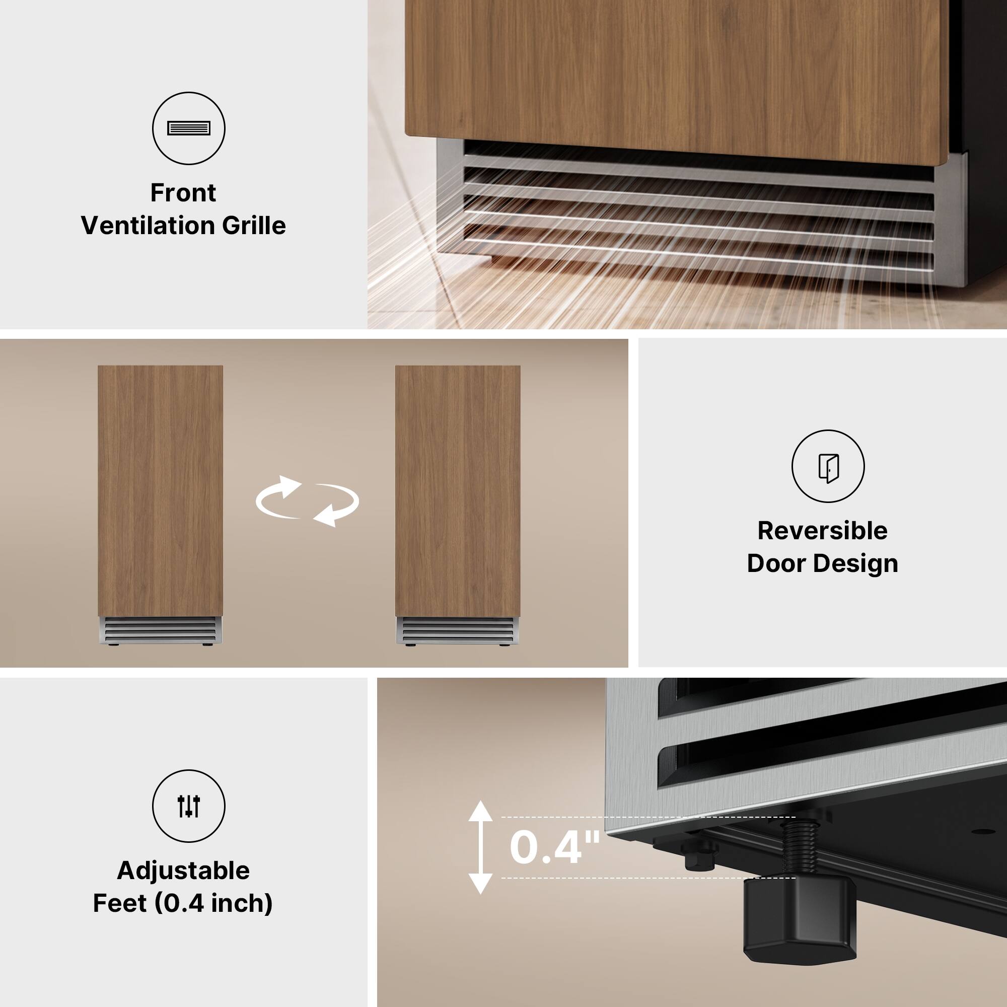 Front Ventilation Grille  
Reversible Door Design  
TAT Adjustable Feet (0.4 inch)  
0.4"